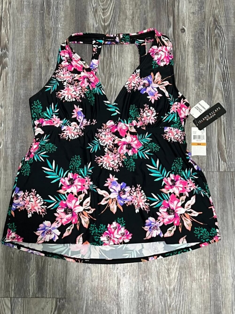 16W Womens ISLAND ESCAPE Black Pink Underwire Tankini Tank Swimsuit Top NWT Plus